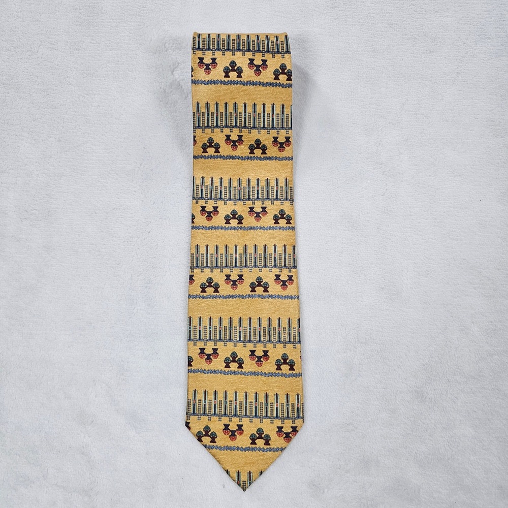 Daniel De Fasson Vintage Gold Silk Geometric Floral Hand Made Mens Necktie